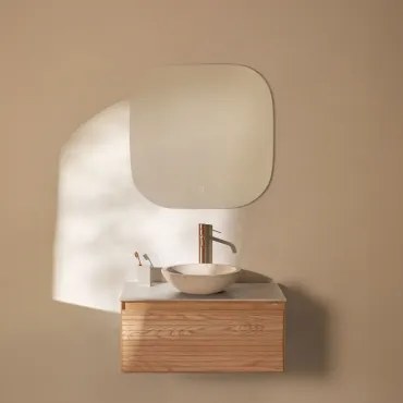 Tedrik Badkamermeubelset In Essenhout Ash Brown & Rond Cement Wit Ø40 Cm Zavion & Vierkant Led En Anticondens 75x75 Cm Tobie & Rosé - Sklum