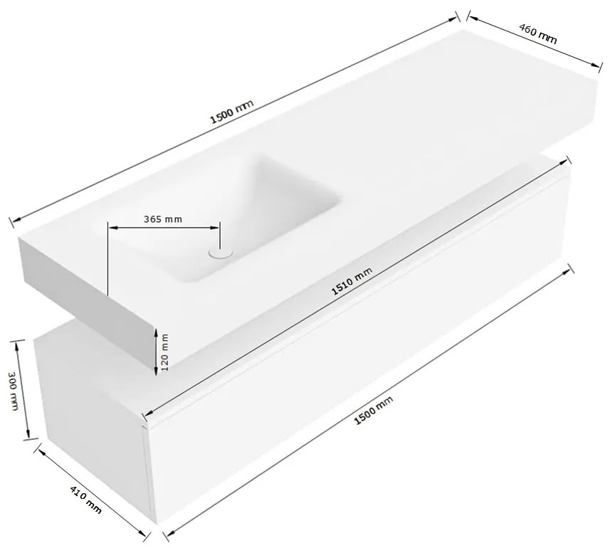 Zaro Alan badmeubel 150cm sand met 1 lade en vrijhangende wastafel links zonder kraangat wit mat