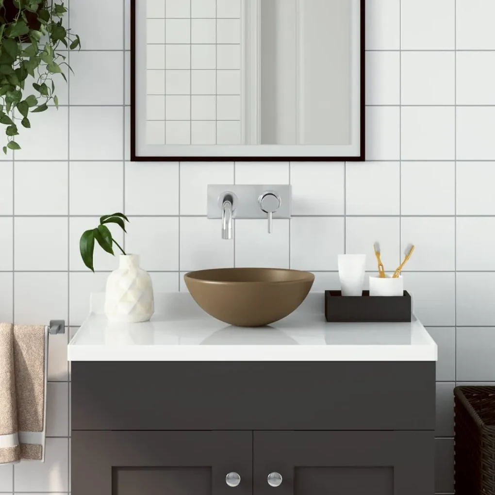 vidaXL Wastafel rond keramiek matcrème