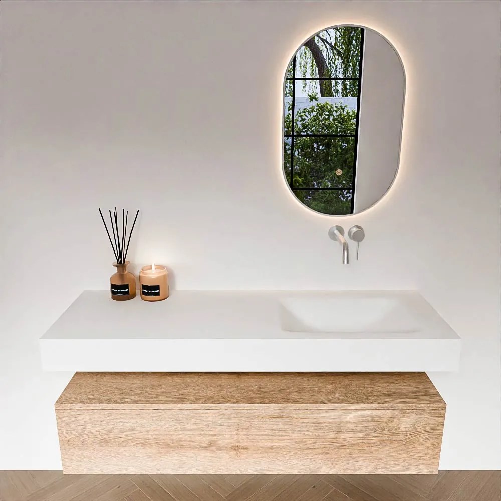 Zaro Alan badmeubel 140cm washed oak 1 lade met vrijhangende wastafel cloud rechts zonder kraangat talc