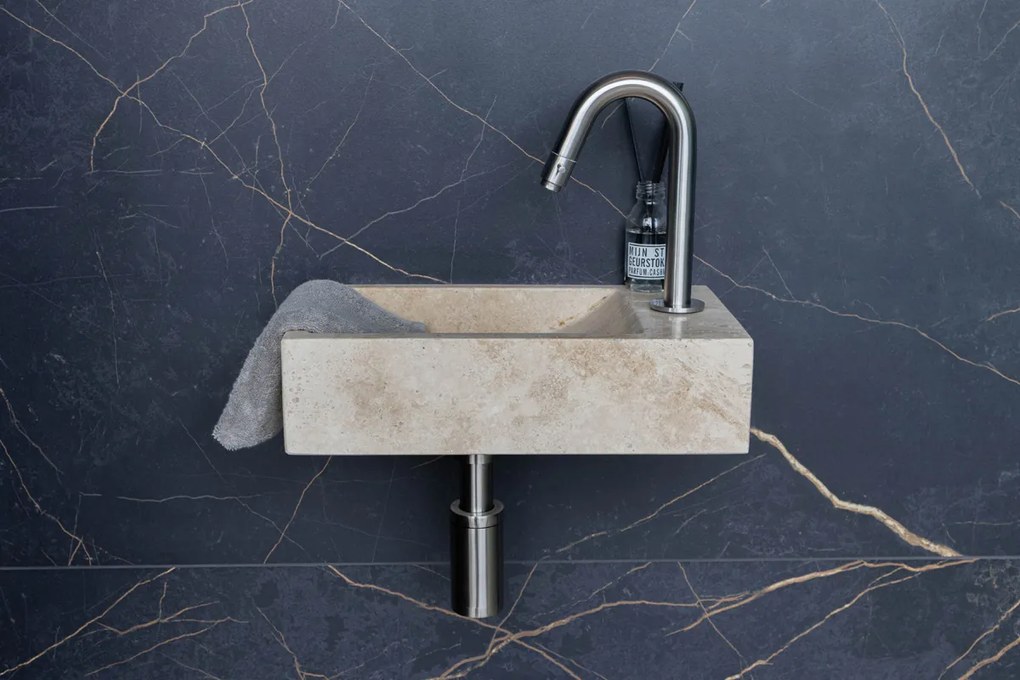 Saniclear White Travertin fonteinset met gebogen kraan in RVS