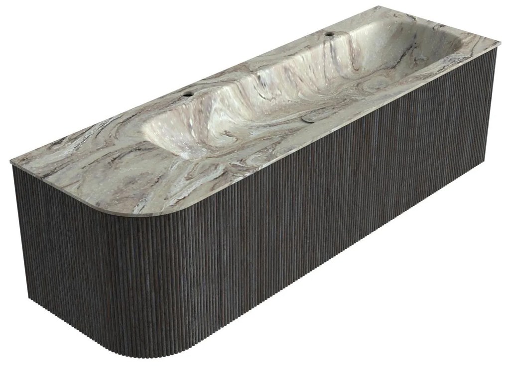 Mondiaz Kurve-dlux 145cm badmeubel ronding links shadow met 1 lade en deur en wastafel big large rechts 2 kraangaten glace