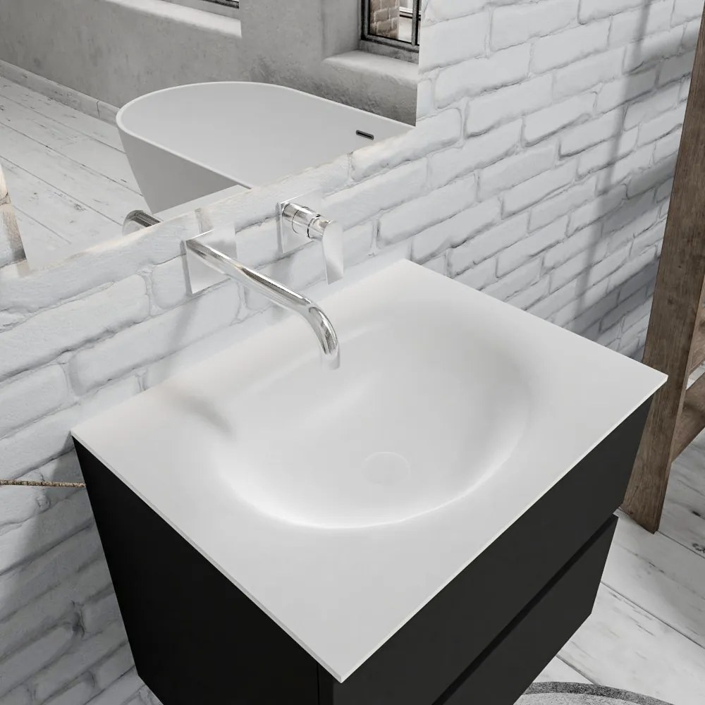 Zaro Sevilla Solid Surface badmeubel 60cm mat zwart zonder kraangat met 2 lades