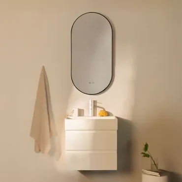 Badkamermeubelset Van Hout En Essenhoutfineer Met Geïntegreerde Wastafel Ona Wit & Ovale Led En Anticondens Zwart 50x100 Cm Asteiro & Wit - Sklum
