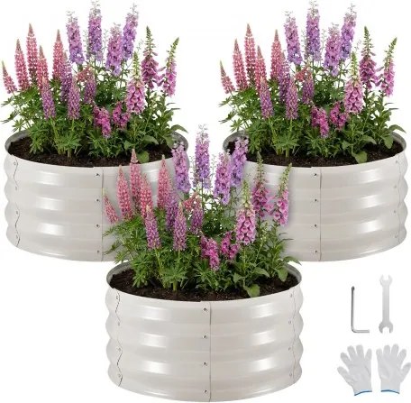 VEVOR Metalen Verhoogd Tuinbed, 3-delige set, φ60x30 cm, Rond Tuinbed, Plantenbakset voor Buiten, Groentebed met Handschoenen, Bloembed zonder Bodem, Plantbed voor Bloemen, Kruiden & Groenten, Beige