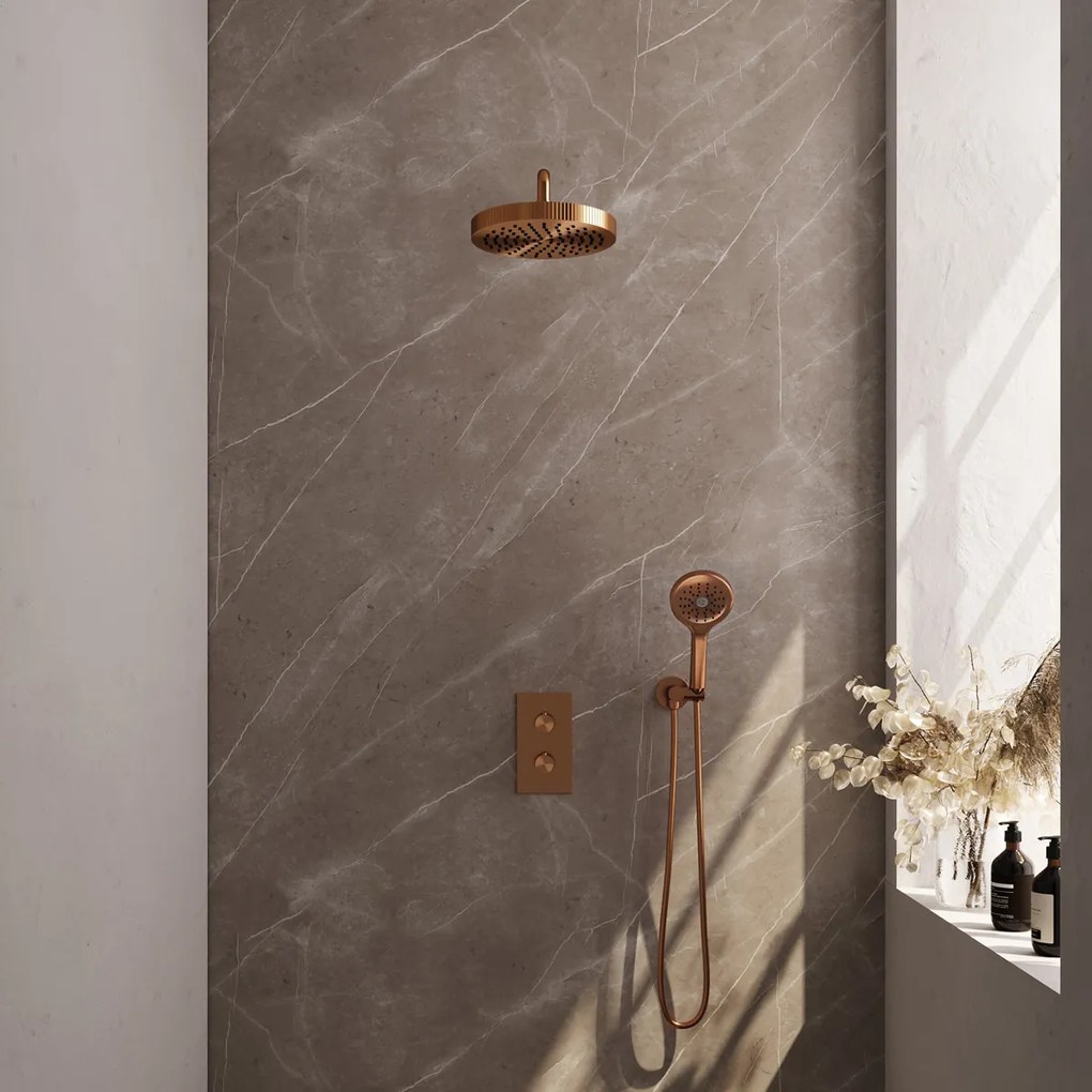 Brauer Stripe inbouw regendouche met 25cm hoofddouche, gebogen muurarm en 3 standen handdouche set 17 koper geborsteld PVD