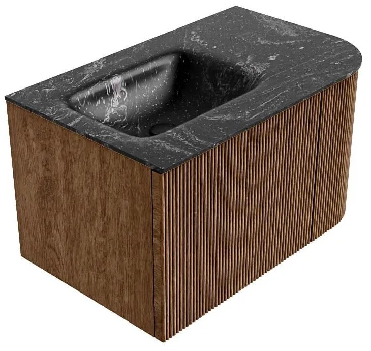 Mondiaz Kurve-dlux 75cm badmeubel ronding rechts walnut met 1 lade en deur en wastafel grunne kraangat links lava