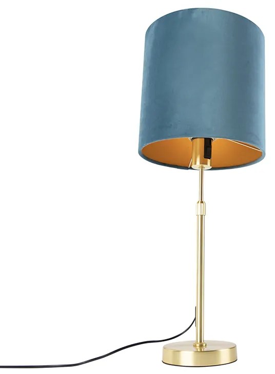 Stoffen Tafellamp goud/messing met velours kap blauw 25 cm - Parte Landelijk / Rustiek E27 cilinder / rond rond Binnenverlichting Lamp