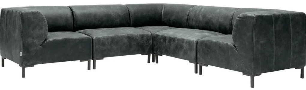 Goossens Excellent Hoekbank Marshall Met Hocker zwart, leer, 2 x 1,5-zits, urban industrieel