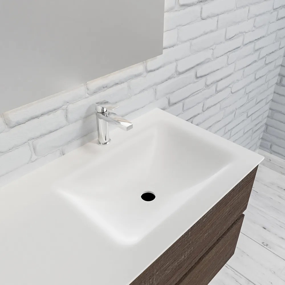 Zaro Valencia Solid Surface badmeubel 100cm donker eiken 1 kraangat spoelbak rechts met 2 lades