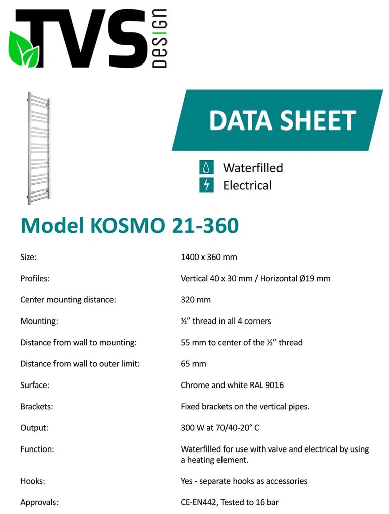 TVS Design Kosmo handdoekradiator chroom 300W 140x36cm