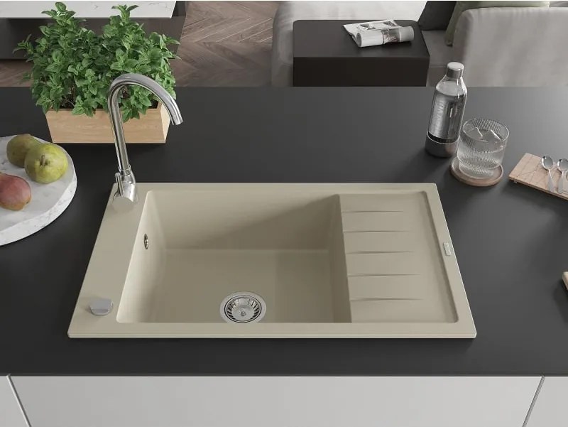 Mexen Elias granitstenen spoelbak met 1 bak en afdruiprek 795 x 480 mm, beige, chroomsifon - 6511791005-69