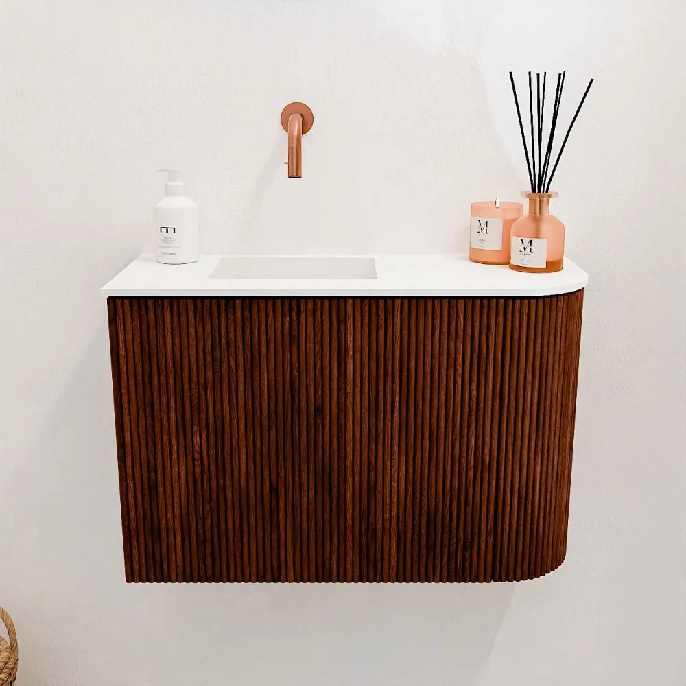 Mondiaz Joya 60cm toiletmeubel ronding rechts ruby met wastafel faye links zonder kraangat talc