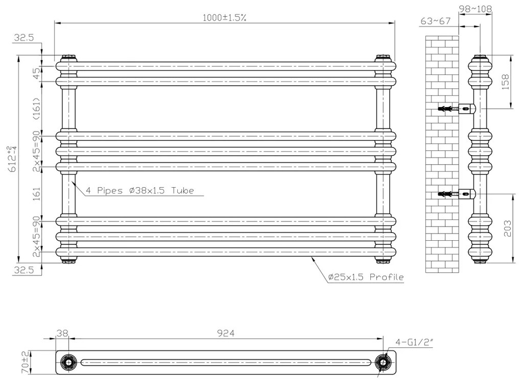 Eastbrook Imperia 2 koloms handdoekradiator 100x60cm 772W antraciet