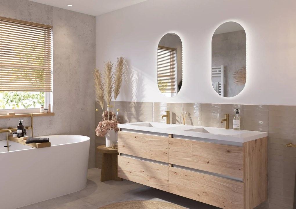 Saqu Gaia Actie badmeubel incl. dubbele glans witte wastafel 160x52x64cm naturel eiken – aluminium greeplijst
