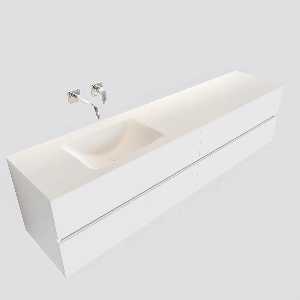 Zaro Valencia Solid Surface badmeubel 200cm mat wit zonder kraangat spoelbak links met 4 lades