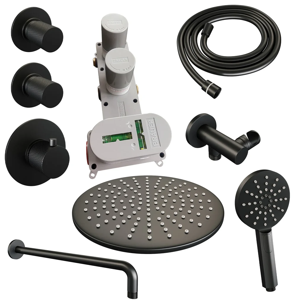 Brauer Black Carving complete inbouw regendouche set 10 met 30cm douchekop, gebogen muurarm en 3 standen handdouche mat zwart