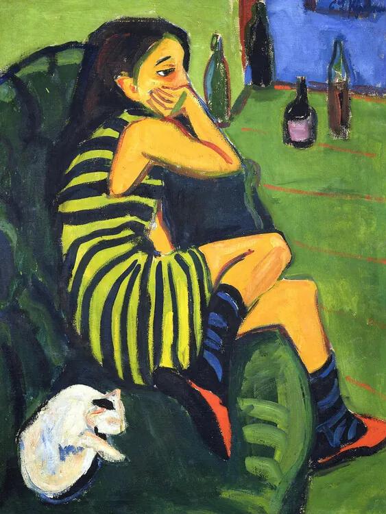 Kunstreproductie Artiste Marcella (Portrait of a Girl & A Cat) - Ernst Ludwig Kirchner