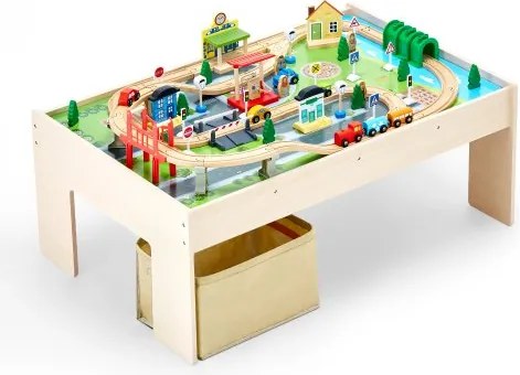 VEVOR Houten Activiteitentafel, 84 Stukken, met Opvouwbare Opbergcontainer, 3-in-1 Treinset om mee te Spelen, Schilderen, Lezen, Eten, Creatieve Speelgoedset voor Kinderen vanaf 3 Jaar