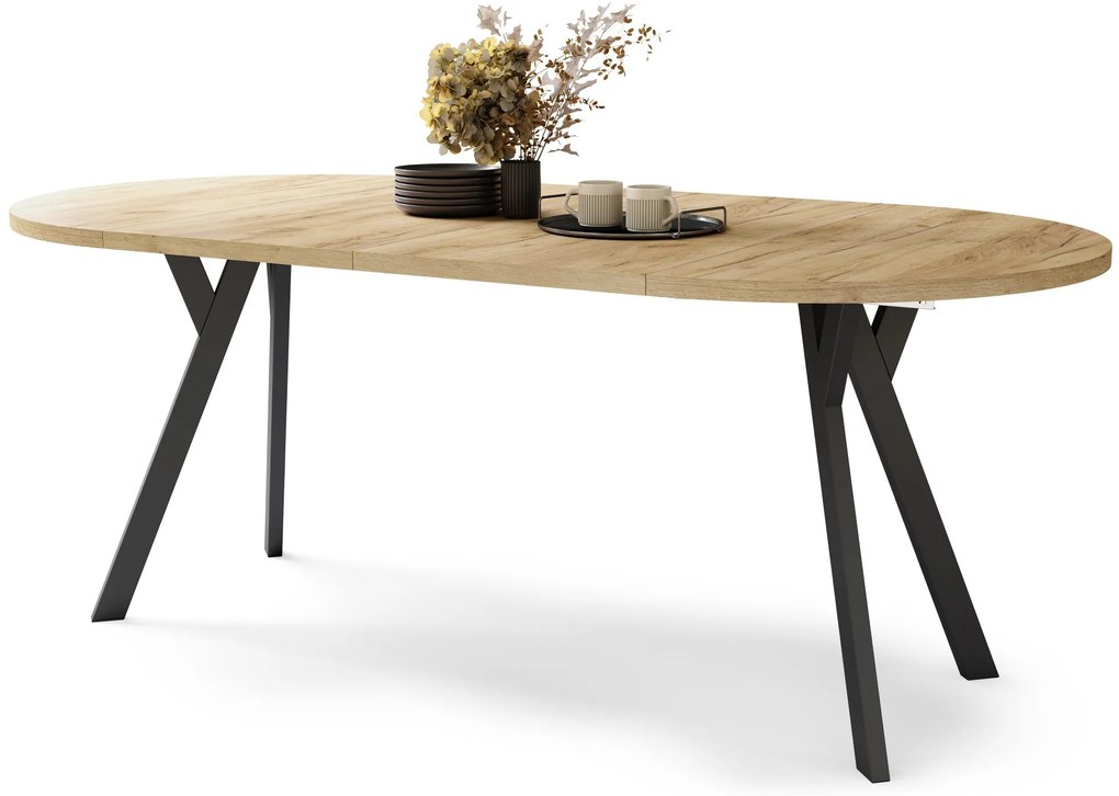 ALMO 100 Eiken Craft Gold/Zwarte poten - RONDE LOFT/INDUSTRIËLE TAFEL VOOR WOONKAMER/EETKAMER, UITSCHUIFBAAR