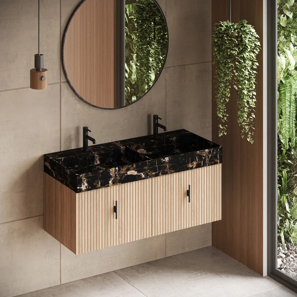 Muebles Zahora badmeubel ribbelfront 120cm naturel eiken met Portoro Gold wastafel met kraangaten