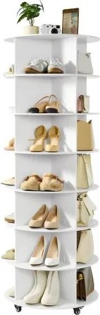VEVOR Schoenenrek/Schoenenkast voor 28 paar schoenen (7 lagen), 360° draaibaar, schoenenopbergrek met wielen, schoenenrek voor slaapkamer, woonkamer, hal, wit, 598 x 598 x 1670 mm