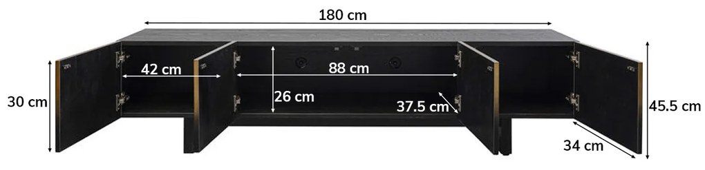 Kare Design Prezioso Design Tv-meubel Zwart Met Goud - 180x40x45cm.