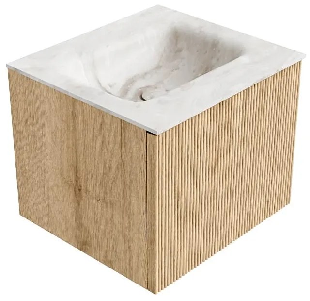 Mondiaz Kurve-dlux 50cm badmeubel oak met 1 lade en wastafel grunne midden zonder kraangat frappe