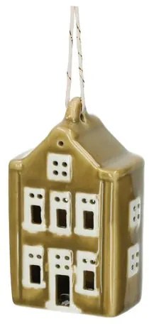 Hanger huisje, porselein, mosgroen, 7 cm