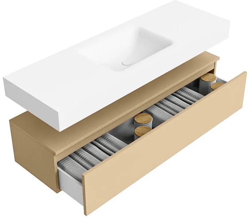 Zaro Alan badmeubel 140cm sand 1 lade met vrijhangende wastafel cloud midden 1 kraangat talc