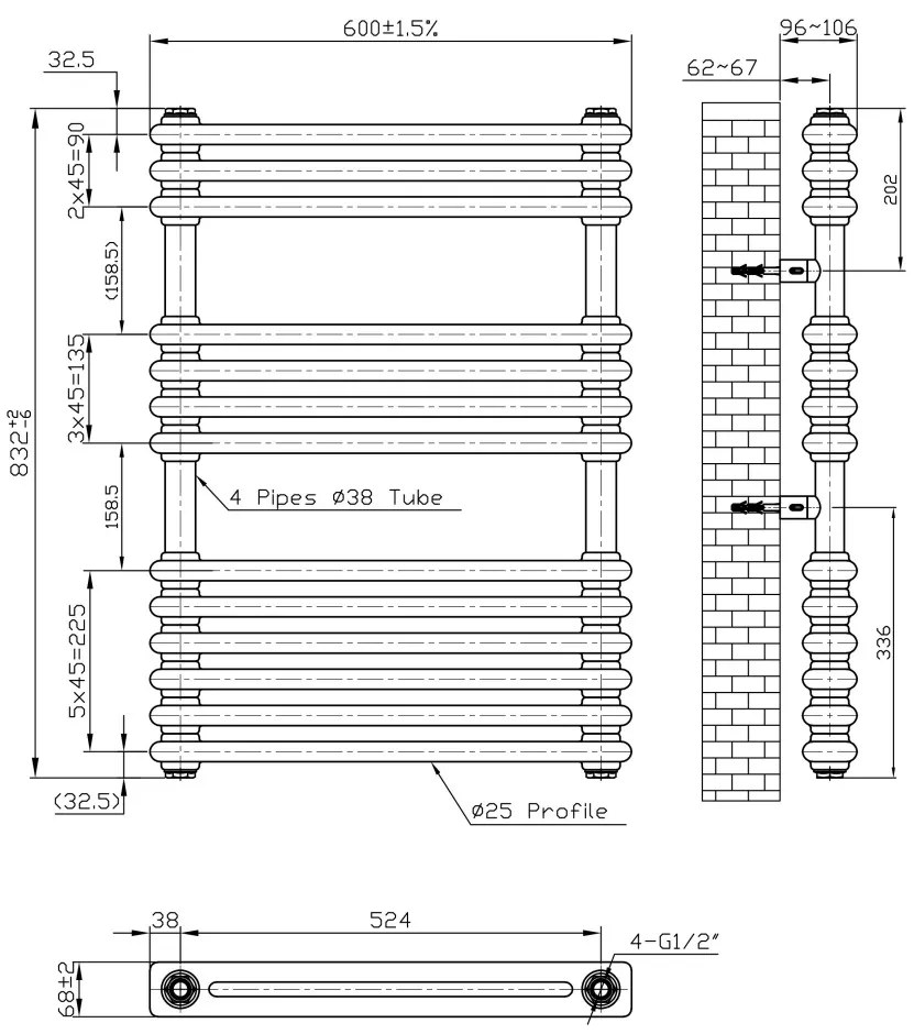 Eastbrook Imperia 2 koloms handdoekradiator 60x85cm 772W antraciet