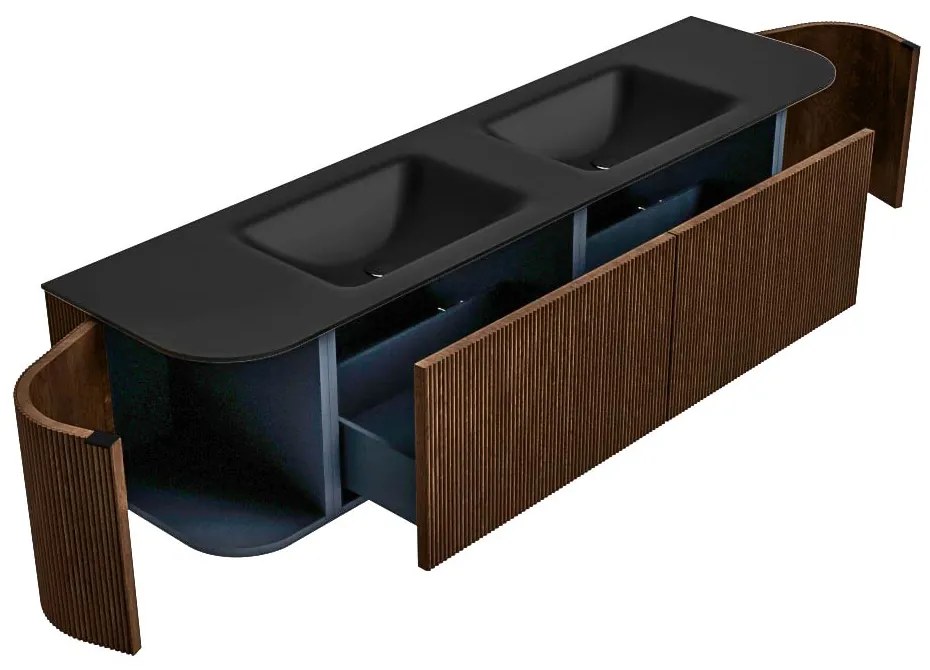 Mondiaz Kurve 180cm badmeubel ronding links/rechts walnut met 2 lades en deuren en wastafel cloud dubbel 2 kraangaten urban