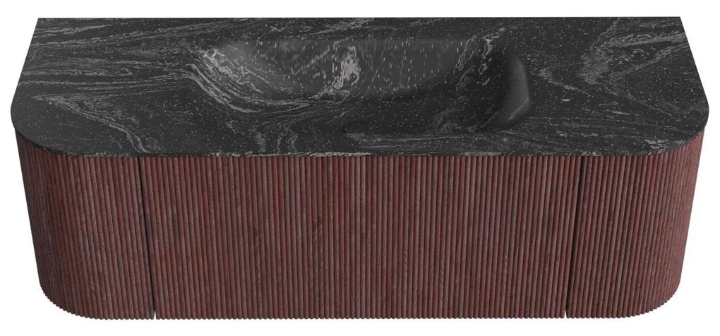 Mondiaz Kurve-dlux 130cm badmeubel ronding links/rechts ruby met 1 lade en 2 deuren en wastafel big small midden zonder kraangat lava