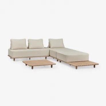 Woonkamerset Met 3-delige Modulaire Chaise Longue Bank Met Bijzettafel En Salontafel 95x95 Cm In Portet Acacia Gardenia Wit - Sklum