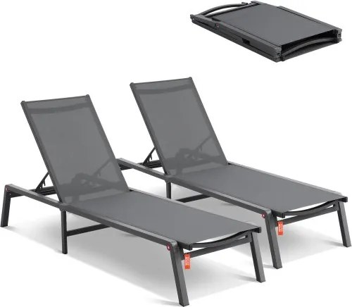 VEVOR Outdoor Chaise Lounge Chairs, Aluminium Patio Lounge Chairs met 5 Verstelbare Standen, Opvouwbare Zwembad Lounge Chairs, Ligstoelen voor Terras, Strand, Zwembad, Ligstoelen met Ligstoelen, Volledig Vlakke Ligstoelen, Donkergrijs, 2-Pack