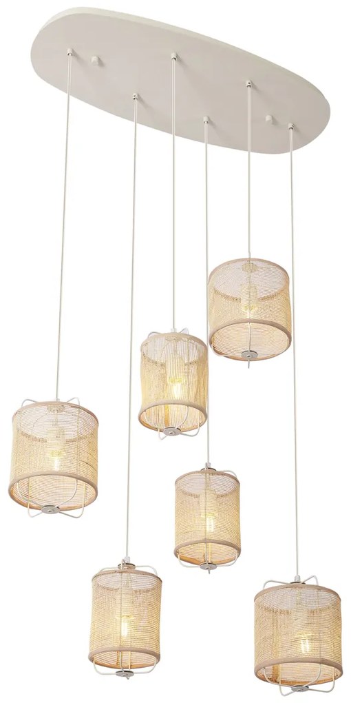 Eettafel / Eetkamer Japandi hanglamp beige met stoffen kappen 6-lichts - YenteJapandi E27 Scandinavisch ovaal rond Binnenverlichting Lamp