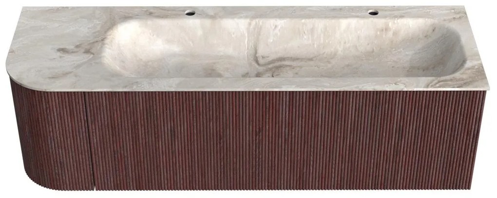 Mondiaz Kurve-dlux 145cm badmeubel ronding links ruby met 1 lade en deur en wastafel big large rechts 2 kraangaten frappe