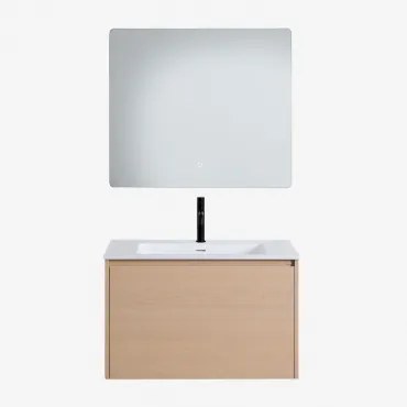 Jacob Zwevend Houten Badkamermeubelset Met Geïntegreerde Wastafel Natuurlijk Hout & Rechthoekige Led En Anticondens 80x70 Cm Riben & Mat - Sklum