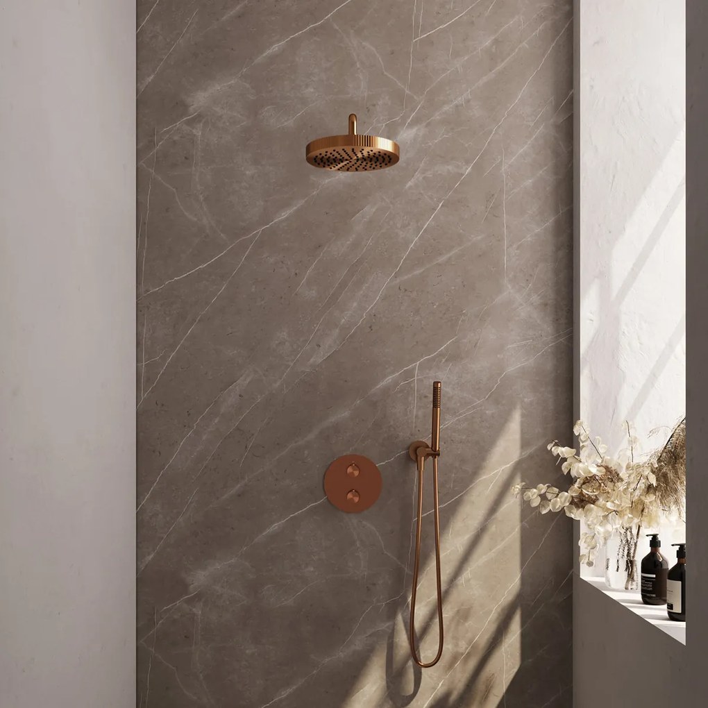 Brauer Stripe inbouw regendouche rond met 25cm hoofddouche, gebogen muurarm en staafhanddouche set 38 koper geborsteld PVD