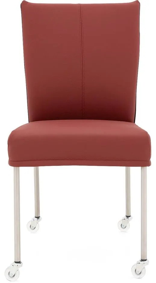 Goossens Eetkamerstoel Funk RVS Poten rood leer leuning en Transparant skater wiel met rvs kapmet wielen, modern design
