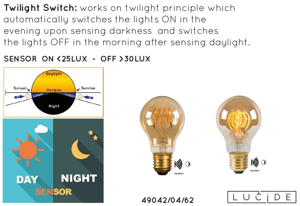 Lucide Bulb LED lamp met dag/nacht sensor 2200K E27 4W 6cm amber