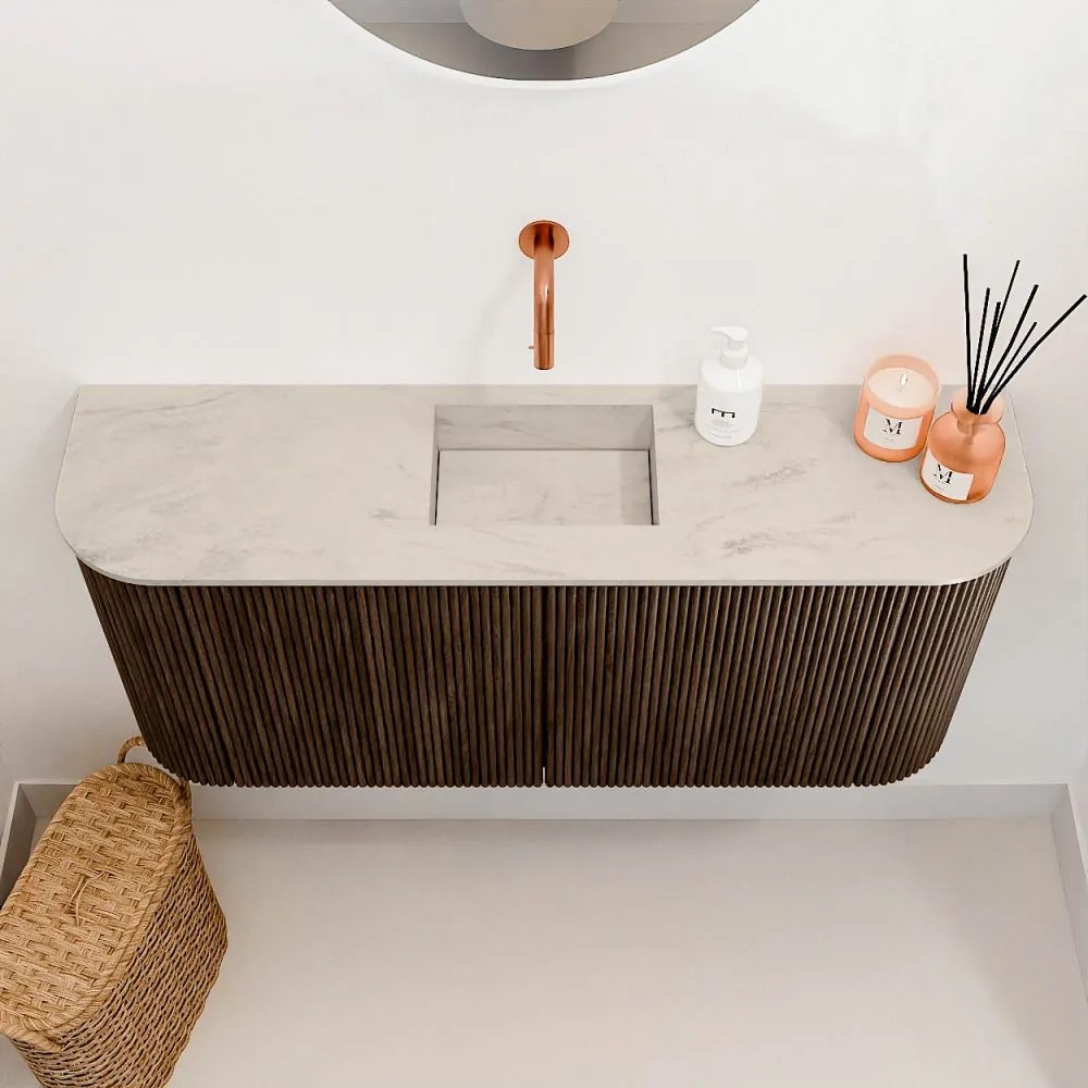 Mondiaz Joya DLux 95cm toiletmeubel ronding links/rechts walnut met wastafel faye midden zonder kraangat opalo