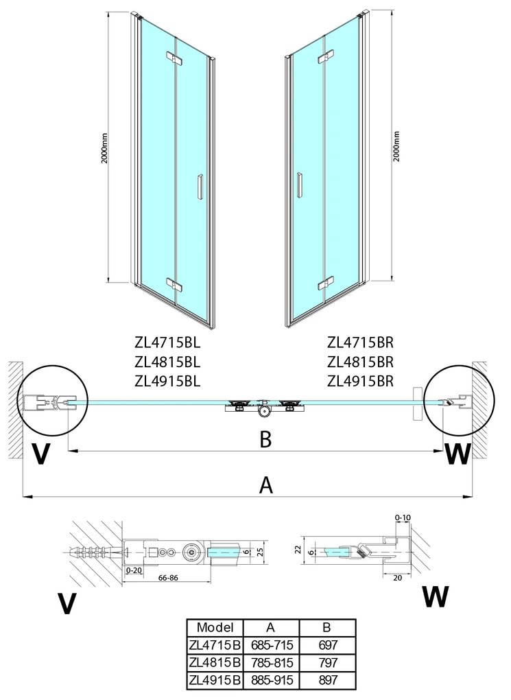 Polysan Zoom Line Black vouwdeur rechts 80x200cm zwart