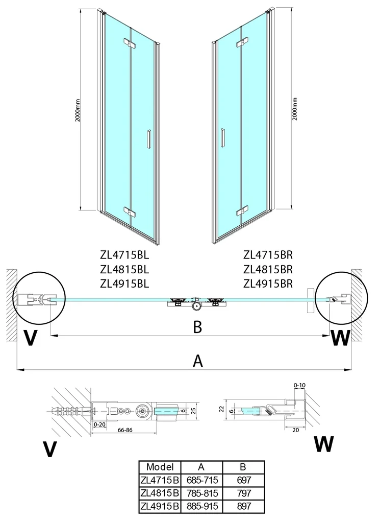 Polysan Zoom Line Black vouwdeur rechts voor nis 80x200cm zwart