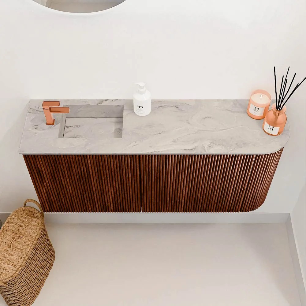 Mondiaz Joya DLux 90cm toiletmeubel ronding rechts ruby met wastafel faye links 1 kraangat glace