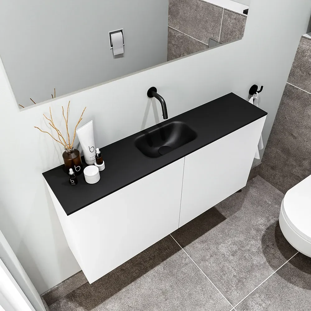 Zaro Polly toiletmeubel 100cm mat wit met zwarte wastafel zonder kraangat