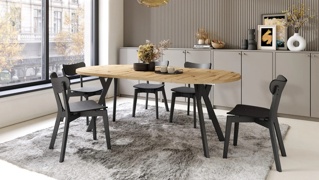 ALDO 100 Eiken Artisan/Zwarte poten - RONDE LOFT/INDUSTRIËLE TAFEL VOOR WOONKAMER/EETKAMER, UITSCHUIFBAAR