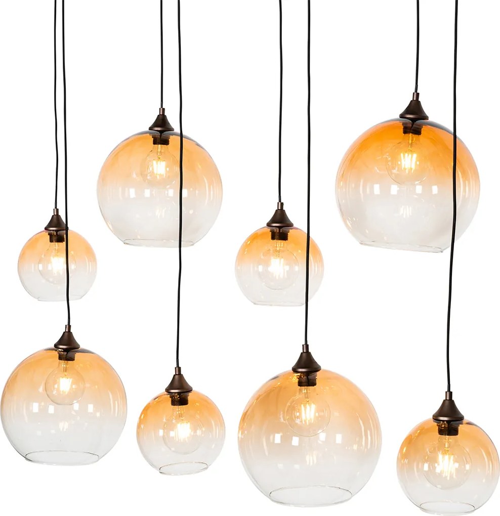 Smart hanglamp donkerbrons met amber glas 8-lichts incl. 8 Wifi G95 - Sandra