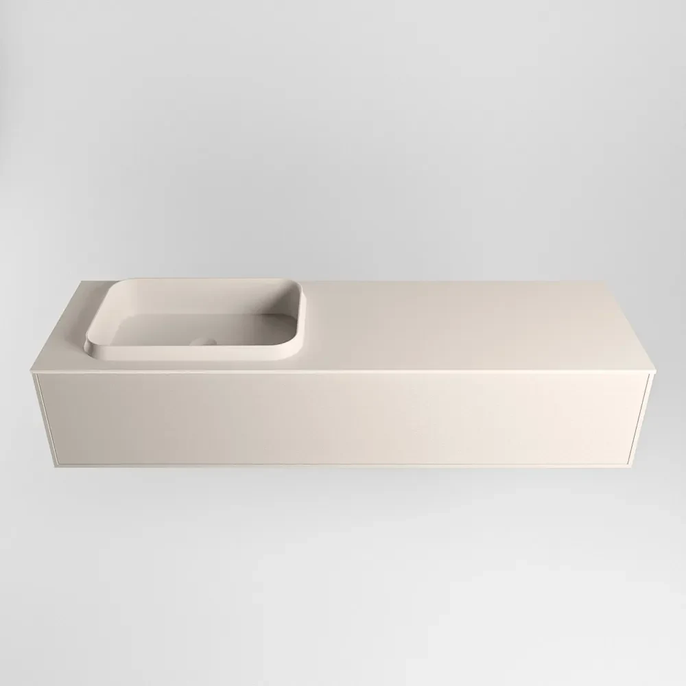 Mondiaz Erin 150cm badmeubel Linen met 1 lade en beige wastafel links zonder kraangaten