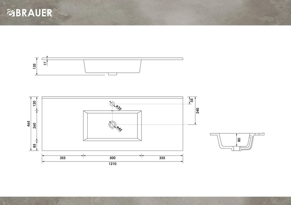 Brauer Starfall wastafel keramiek 120cm met kraangat wit glans